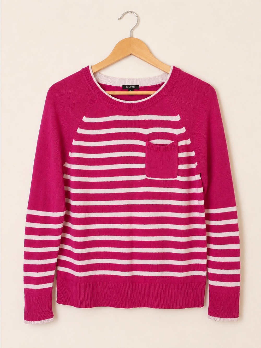 Talbots Pink White Striped Crewneck Sweater Medium Petite MP Pocket Cotton/Wool